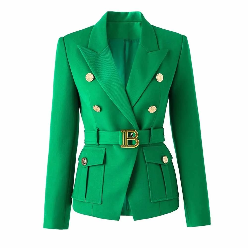 Women's Luxury Fitted Emerald Green Blazer Golden Lion Buttons Coat Belted Jacket
