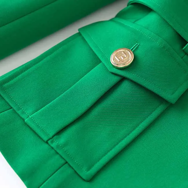 Women's Luxury Fitted Emerald Green Blazer Golden Lion Buttons Coat Belted Jacket