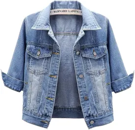 Women's Short Denim Jacket Round Neck Denim Three Quarter Sleeves Light Blue Jacket