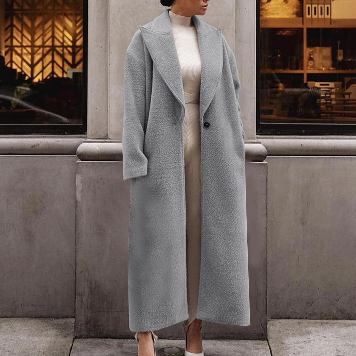 Women's Trench Coat Fashion Notch Lapel Single Breasted Pea Coats Wool Blend Maxi Long Sleeve Open Front Overcoat