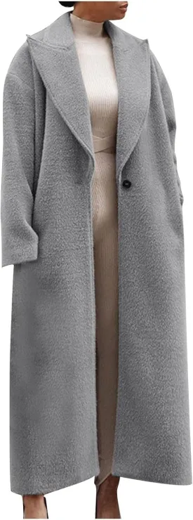 Women's Trench Coat Fashion Notch Lapel Single Breasted Pea Coats Wool Blend Maxi Long Sleeve Open Front Overcoat