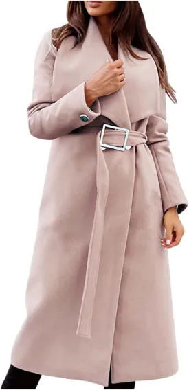 Women's Wool Blend Jackets Mid Long Warm Trench Winter Pea Coats Dressy Elegant Lapel Long Trench Overcoat w/Belt