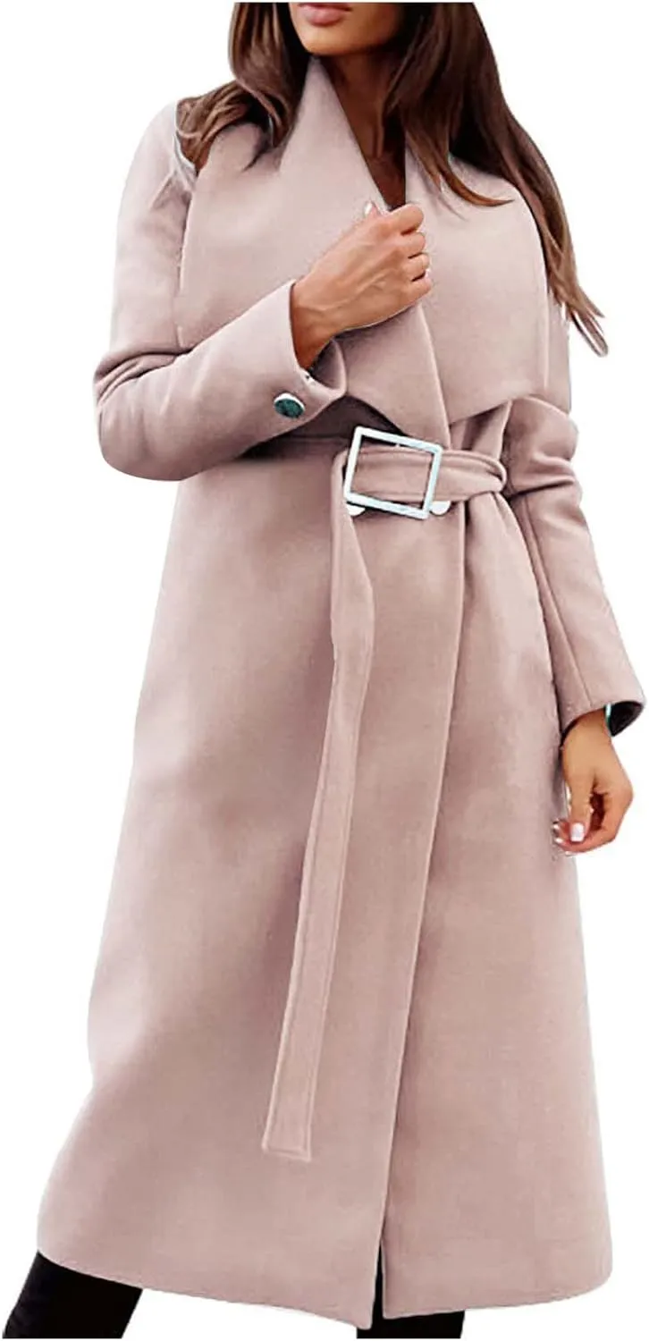 Women's Wool Blend Jackets Mid Long Warm Trench Winter Pea Coats Dressy Elegant Lapel Long Trench Overcoat w/Belt