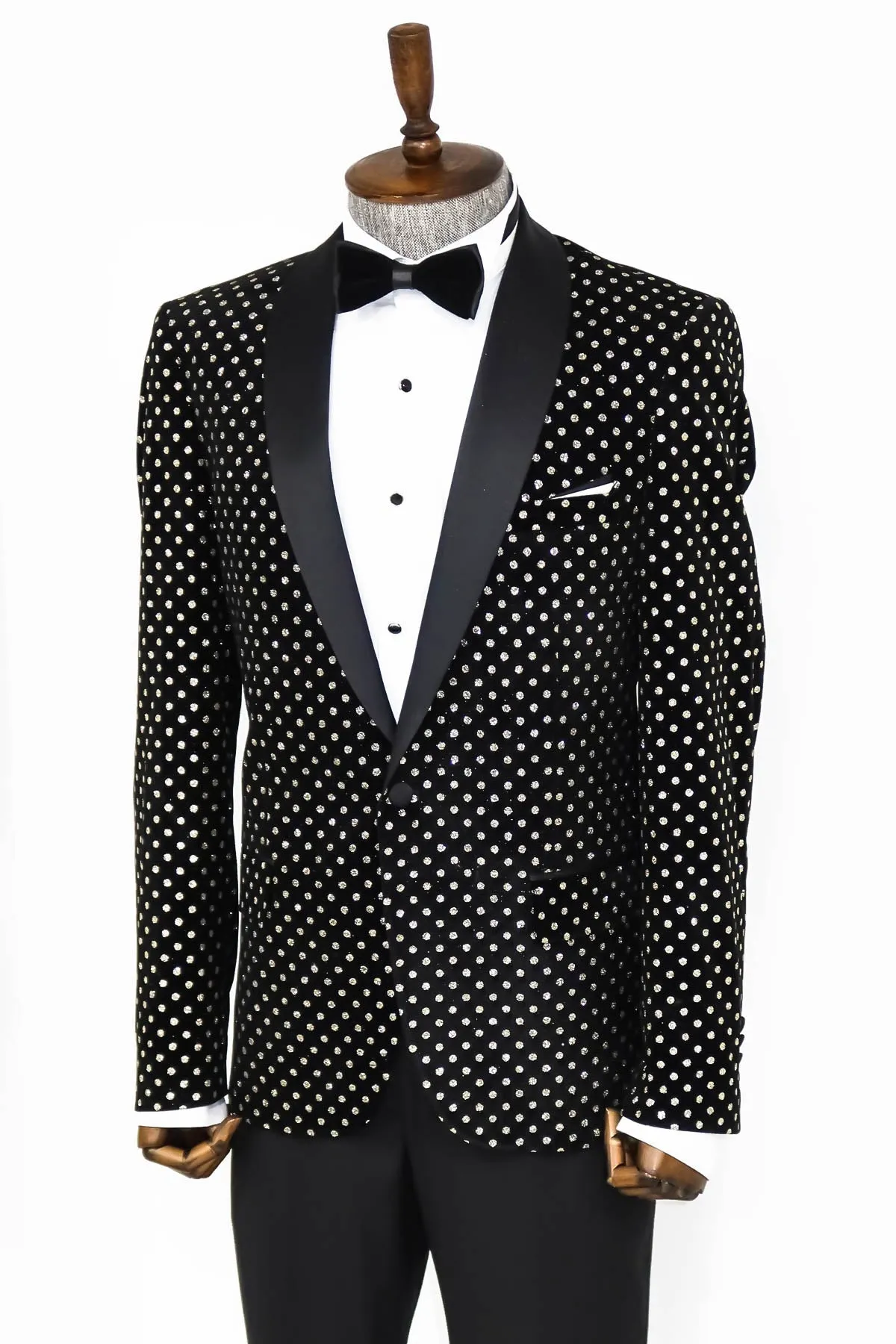 WSS Dot Patterned Slim Fit Black Men Prom Blazer  - Singen