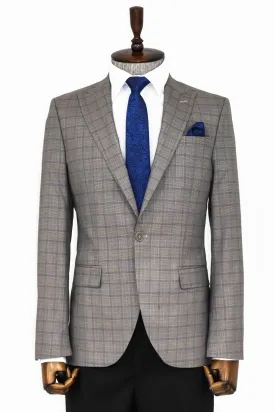 WSS Slim Fit Peak Lapel Checked Grey Men Blazer  - Singen