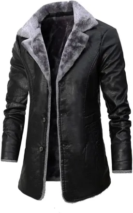 ZWRXW Mens PU Leather Long Jackets Faux Fleece Sherpa Lined Trench Coats Heavyweight Button Up Fur Collar Winter Warm Cloak